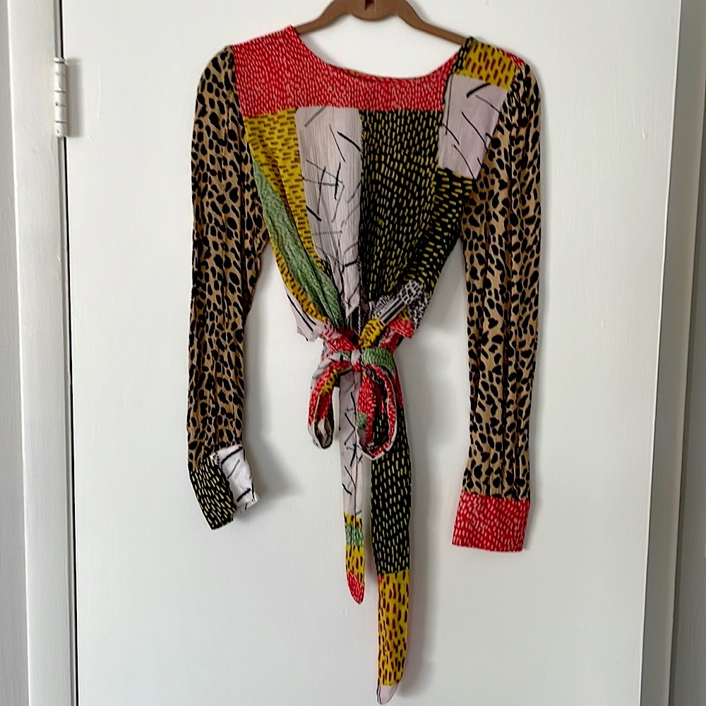 Anthropologie Multi-Color Patterned Long-Sleeve Tie-Front Blouse